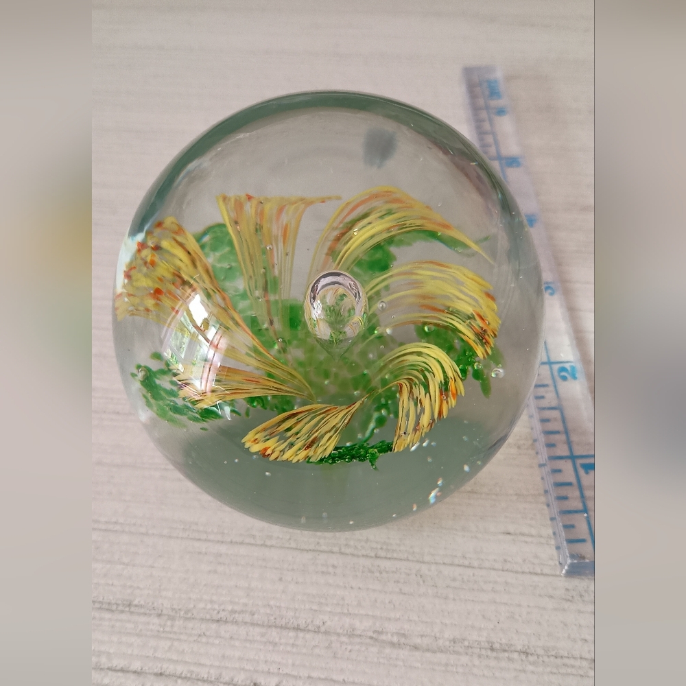 3/$15 Vintage Art Glass Paperweight with Yellow and Green Design